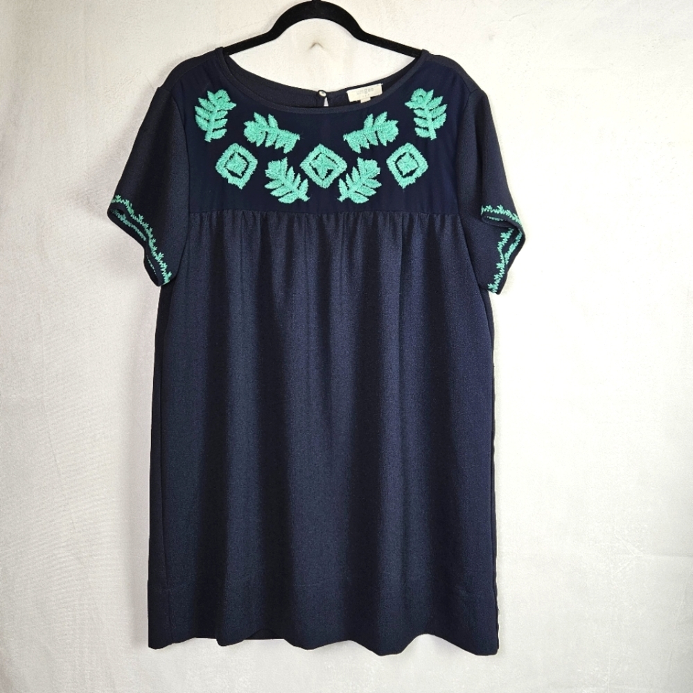 Umgee Navy Blue Embroidered Boxy Shapeless Shift Dress Keyhole Back Size Large
